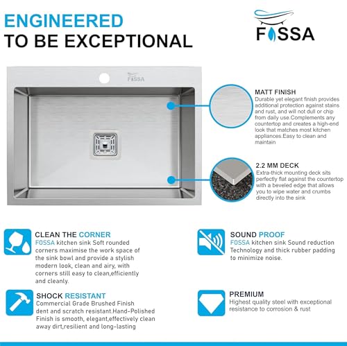 Image of Fossa 24 inchx18 inchx10 inch Single Bowl Handmade Kitchen Sink with Tap Hole - Premium Stainless Steel, Durable & Stylish Design, Easy to Clean, Rust-Resistant, Kitchen Sink for Countertop, Silver (Matte Finish)