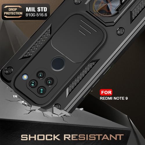 Image of Armor Bumper Back Cover Case for Redmi Note 9 Rotating Camera Cover, Ring Holder & Kickstand | Heavy Duty & 360 Degree Protection Redmi Note 9 Back Cover (Black)