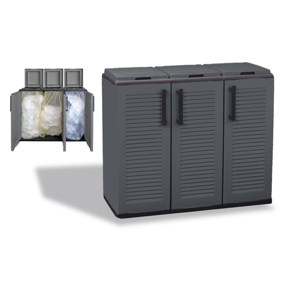 Mülltrennsystem 3Fach Mülltonnenbox 3 Fächer Müllsackständer mit Deckel 3er Garten Schrank Müllbox Trennsystem Müll Abfall & Recycling Sack