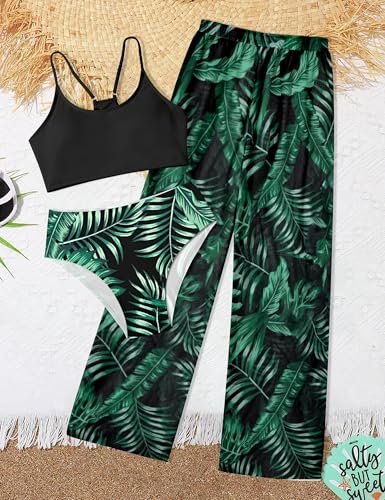 Image of NECIOUS Girls Swimsuit, 3 Piece Bikini Bathing Suit Tropical Floral Swimwear with Cover Up Pants 7-16Y