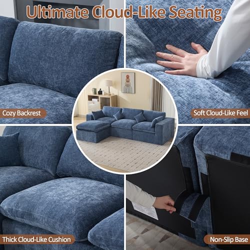 Image of 115''Cloud Boneless Sectional Couch, Modular Sectional Sofa Deep Seat with Ottoman, Oversized Upholstered Convertible Comfy 4 Seater Chenille Sofa L Shape Couches for Living Room, Blue