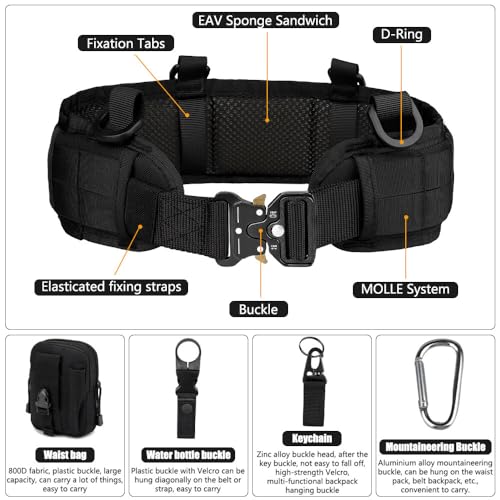 Gobesty Taktischer Gürtel mit Taschen, Nylon Militär Molle Gürtel, Schnellverschluss Metallschnalle Tactical Rigger Gürtel mit Wasserkocher-Schnalle, für Draussen Sportarten Camping, Schwarz