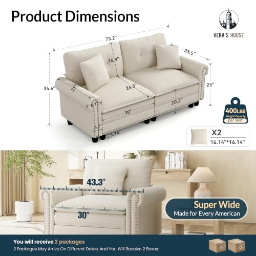 Image of HERA'S HOUSE 73.2 inch Modular Loveseat Cloud Couch Deep Seats & Rolled Arms | Mid-Century Modern 2-Seater Loveseat, Beige, Nailhead Trim, Wider & Deeper Seats, Soft Linen Sofa for Living Room Bedroom