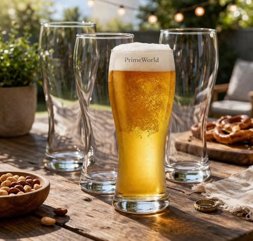 Image of PrimeWorld European Weizen Beer Glass Set of 4 (450 ml) - Premium Clear Craft Beer & Pilsner Glasses, Stylish Cocktail Cups, Ideal Gift for Men