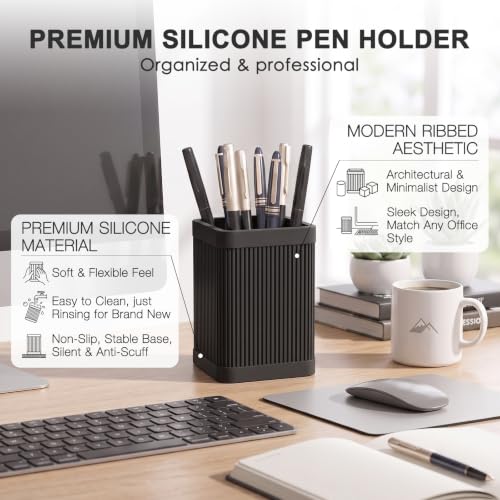 Image of HighHerz Aesthetic Pen Holder For Desk, Modern Silicone Pencil Holder, Stylish Office Desk Decor, Made of 5 mm Thickened Premium Silicone, Office Desk Organizer And Accessories (Black)