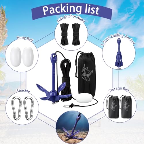 Image of Lounsweer 2 Pack 1.5 /3.5 lb Marine Kayak Anchor Kit Folding Grapnel Anchor Kit Boat Kayak Fishing Accessories for Small Boats Kayaks Canoe Paddle Boards