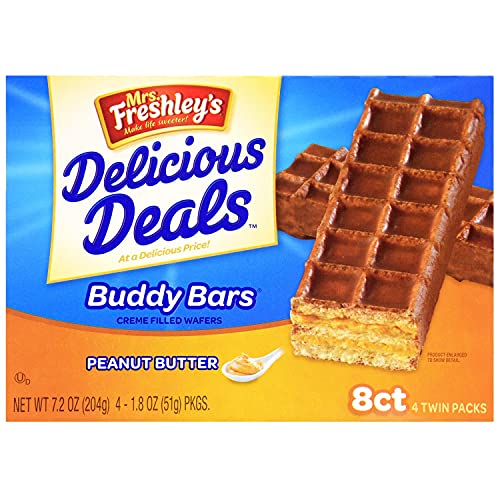 3 boxes,Buddy Bars 8 per box, 4 twin packs, mrs. freshley's, peanut butter wafers