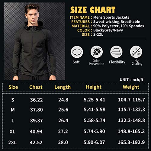 Sillictor Gym Hoodies for Men with Hand Pockets UPF 50+ Zip Up Long Sleeve Running Top Mens Sports Jakcets for Training Workout Cycling Casual Breathable Lightweight Quick Dry 9002 Black L - Image 7