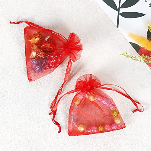 Image of HRX Package 100pcs Little Red Organza Bags 3 x 4 inch, Mesh Jewelry Pouches Drawstring Empty Sachets for Bracelets Candy Small Gift