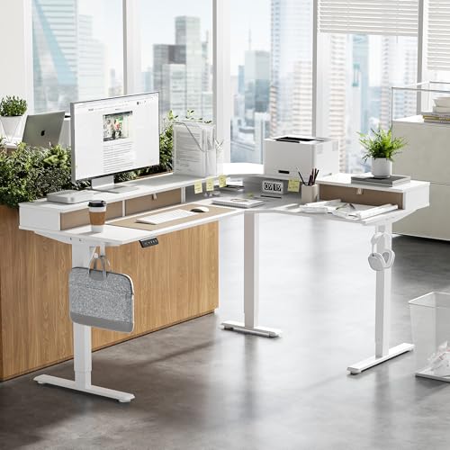 Image of FEZIBO L-Shaped Electric Standing Desk, 63 x 48 Inches Height Adjustable, Reversible Tabletop, Corner Desk with Drawers, Ergonomic Computer Table, White Top