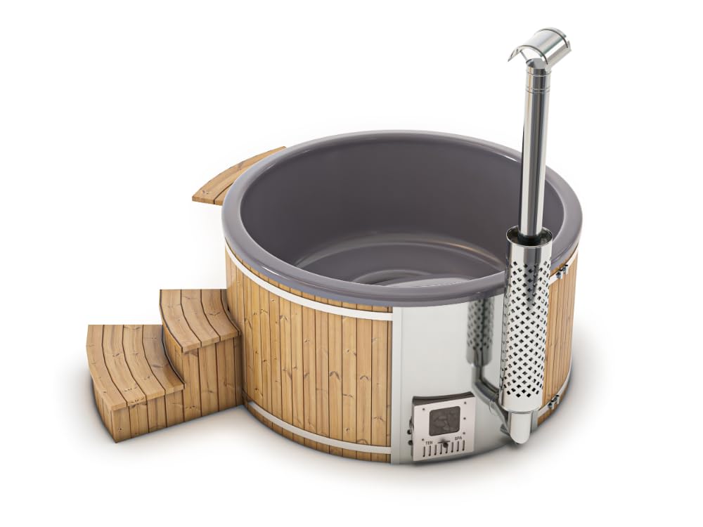 Holz Badefass Stockholm aus Thermoholz, Hot Tub Ø 180 cm, 8 Personen, inkl. Edelstahl-Ofen (30 kW), Minibar, Schwimmbecken, Badebottich, Badezuber