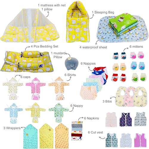 Image of Infantbond Baby All Season Use Hospital Essential Combo for New Born | Gift Pack | Baby Products | Maternity Essentials (60 Items)(0-6 Months) (Yellow Kitty 59)(Colours May Vary)