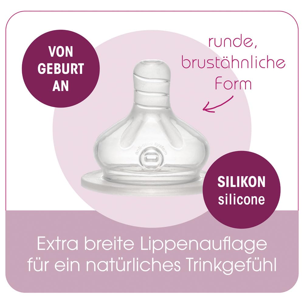 NIP Biberon in vetro set da 2 biberon in silicone con valvola anticolica, piastrine in vetro extra resistente al calore, liscio, senza pori, made in Germany, 0% BPA