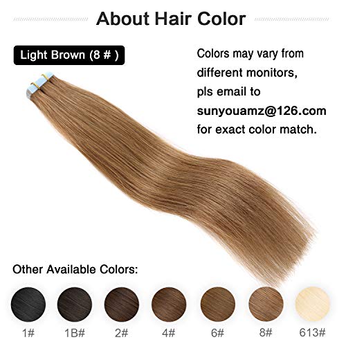 Image of SUYYA Tape In Hair Extensions Human Hair 20 Inch #8 Light Brown | Remy Human Hair, Invisible Skin Weft, Soft & Silky Straight Hair, 20PCS 50G, Seamless Blend, Add Length & Volume