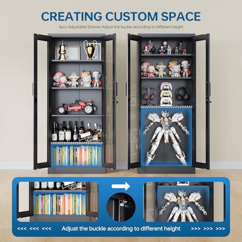 PEUKC Display Cabinet with Glass Doors, 67\'\'H Metal Curio Storage Cabinet with 4 Adjustable Shelves, Lockable Glass Display Case for Home, Office, Pantry, Assemble Required, Black