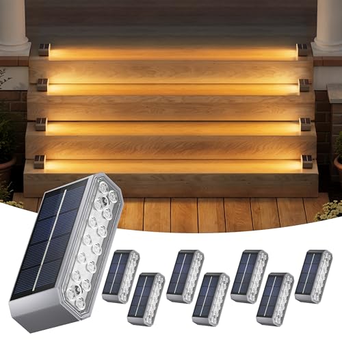 NIORSUN Solar Step Lights 8 Pack Outdoor Horizontal Lights for Steps Deck Stairs Dock & Pathway - Bright 3000K Warm White Auto On/Off IP67 Waterproof