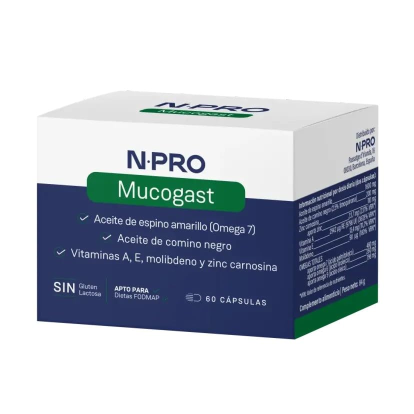 NPro SALUD INTESTINAL Mucogast 60 Perlas – Suplemento con Aceite de Espino Amarillo Omega 7, Comino Negro, Zinc y Carnosina – Protección y Cuidado de la Mucosa Gástrica