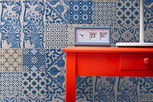 Papel pintado aspecto azulejos Profhome textura resistente azul blanco 5,33m2 6