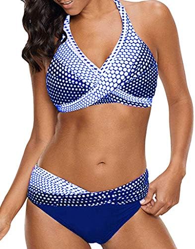 XINDEEK Women Polka Dots Bathing Suit Push-up Beach Swimsuit Plus Size Bikini Swimwear Halter Neck Tankini Set(Blue, 5XL)