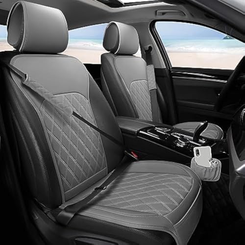 Image of Front Car Seat Covers - Leather Seat Covers with Storage Pocket and Two Belt Pads, Anti-Slip Waterproof Universal Seat Covers for Cars Fit Cars Trucks SUV(Grey,2 Pack)