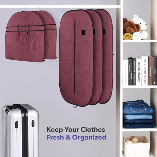 Image of Kuber Industries 6 Pcs Non Woven Blazer Cover with Zip | Hanging Coat Bags for Jacket, Saree, Shirt, Garments Clothes | Unisex Dress Wardrobe Organizer Folding Suit Covers | Emboosed - Maroon