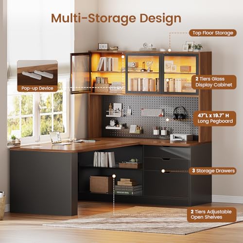 Image of SEDETA L Shaped Computer Office Desk with 3 Wood Drawer and Large Bookshelf