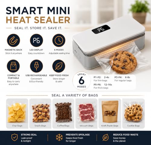 Image of Mini Heat Sealer for Bags, 6 Modes, LED Timer, USB Rechargeable | Airtight Leak-Resistant Sealing | Lightweight Everyday Kitchen Essential