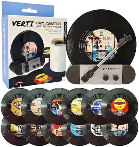 Funny Retro Vinyl Record Coasters, Creative Drink Coasters Set of 12 for Music Lovers, Housewarming Hostess Gifts, Birthday and White Elephant Gifts Ideas (V03)