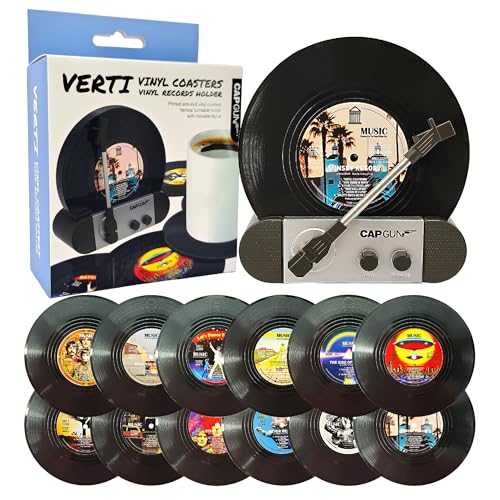 Funny Retro Vinyl Record Coasters Creative Drink Coasters Set of 12 for Music Lovers Housewarming Hostess Gifts Birthday and White Elephant Gifts Ideas (V03)