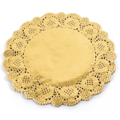 ANTETOK Doyley - Manteles individuales desechables de papel de encaje de 8.5 pulgadas, 100 unidades, elegantes tapetes de papel de encaje para fiestas, pasteles y manualidades, color dorado