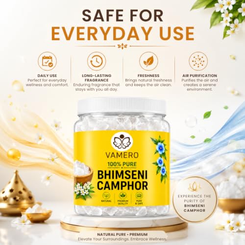 Image of VAMERO Bhimseni Camphor 500g | 100% Pure Pacha Karpooram, Bhimseni Kapoor Original, Pooja, Bheemsen kapoor, Arti, Meditation, Electric Diffuser (Bhimseni Original, 500g)