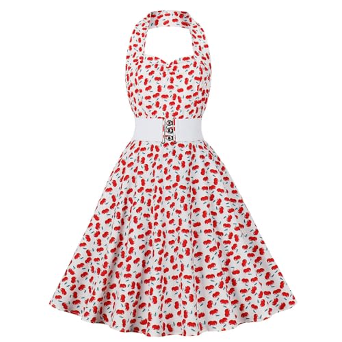 Neckholder-Midi-Swing-Kleid mit Punktemuster für Damen - Kirsche - S