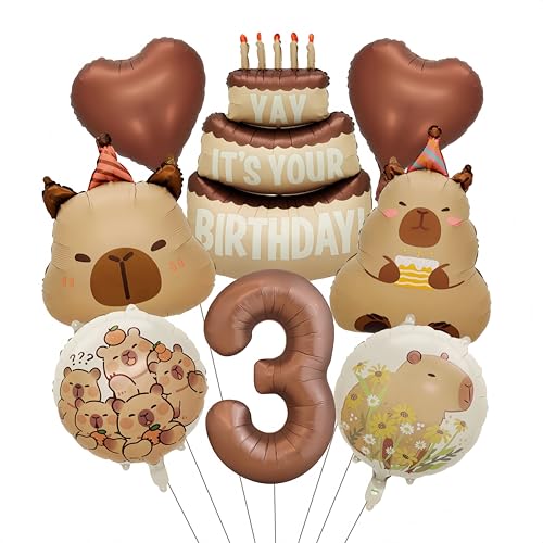 Image of Capybara Birthday Foil Balloon Set, 8-Piece Party Decor (3) | Reusable foil balloon set with capybara, cake,number . Perfect for birthday, baby shower, gender reveal & themed parties