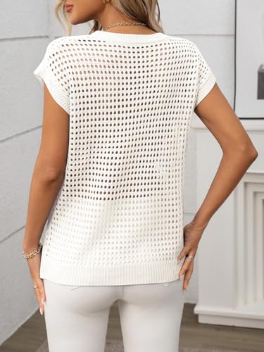 Image of Womens Crochet Tops Cap Sleeve Summer Sweater Crew Neck Beach Cover Ups Lightweight Knit Pullover