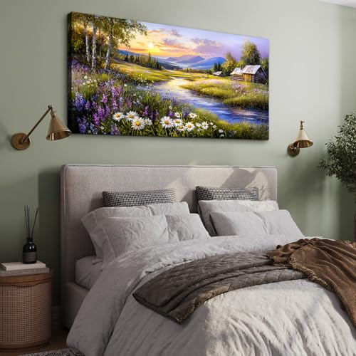 SERIMINO Large Wall Art for Living Room, River Landscape Wall Art, Meadow Wildflower Canvas Art Prints, Countryside Sunset Paintings Wall Decor for Bedroom, Farmhouse Kitchen Decor Pictures 30"X60"