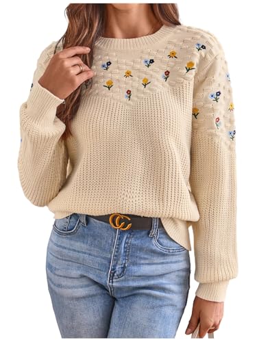 Image of BEAUDRM Women's Floral Embroidery Sweaters Long Sleeve Round Neck Knitted Pullover Tops Beige Small