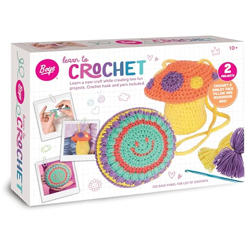 Boye 43-40236 Mushroom Bag and Smiley Face Pillow Learn to Crochet Kit for Beginners with 2 Projects, Multicolor, 12 Pieces
