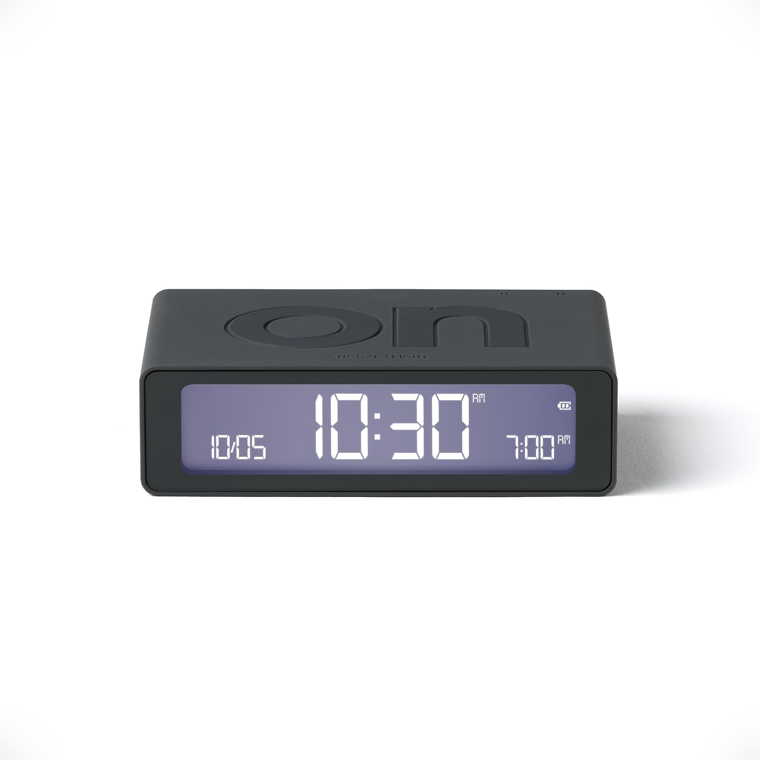 Lexon Flip Mini digital alarm clock, On Off LED clock with Adjustable Brightness, Rechargeable or Mains Powered, Sleek Retro Bedroom Decor Ideal for Alarm Clocks Bedside Use - Dark Grey