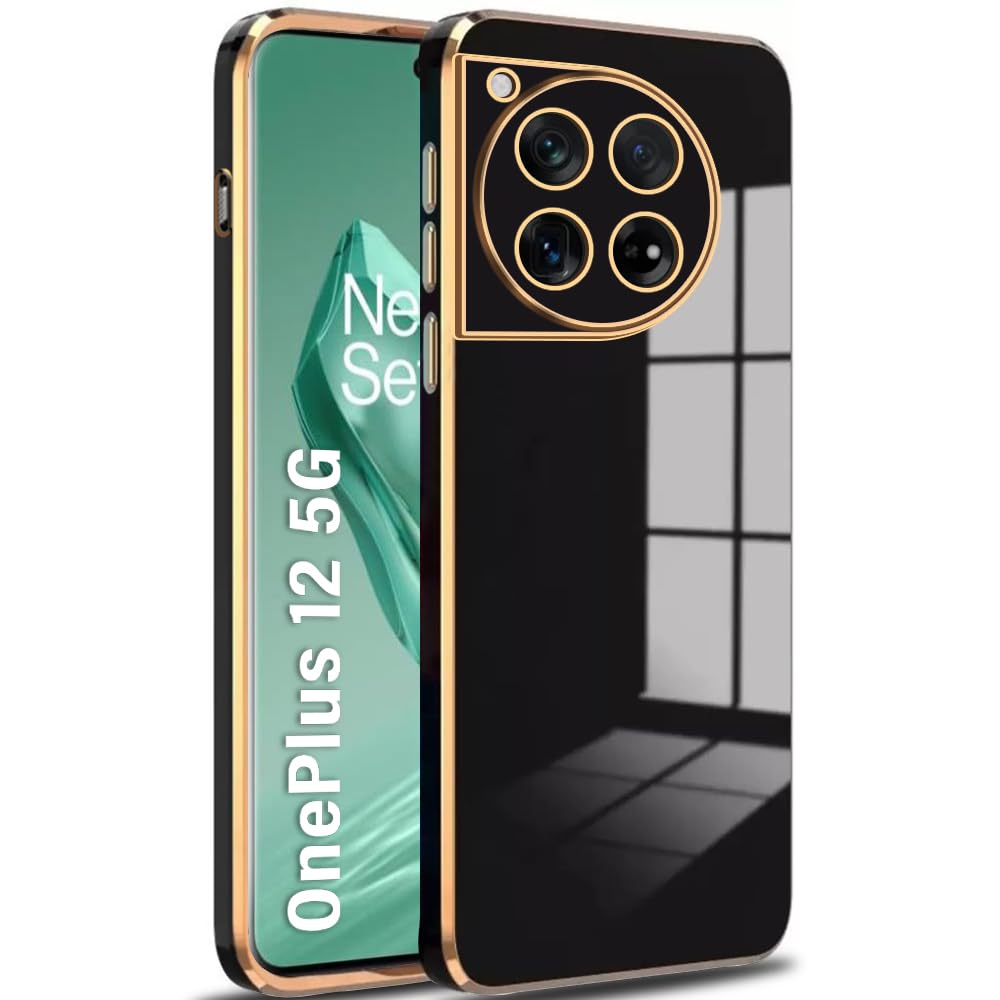TheGiftKart Luxurious Golden-Plated Back Cover Case for OnePlus 12 5G | Raised Lips for Camera & Screen Protection | Shockproof Design | Stylish Back Cover Case for OnePlus 12 5G (TPU, Black) (B0CSDKR9DW) Amazon Price History, Amazon Price Tracker