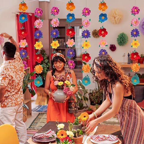 Image of Spakon 8 Pcs Mexican Paper Flower Decorations Mexican Fiesta Garlands Cinco de Mayo Flat Floral Hanging Banner Cutouts for Birthday Decorations Baby Shower Cinco De Mayo Party Decor