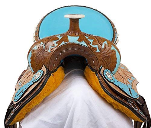 Raj International Premium Leather Western Barrel Racing Horse Saddle Tack, Size 14" - 18" Inch Seat Free Matching Leather Headstall, Breast Collar,Reins (17" Inches Seat, Brown Rough Out Turquoise) #TOP5