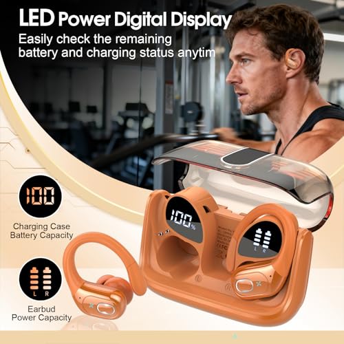 Image of Wireless Earbuds 75hrs Bluetooth 5.4 Headphone Sport, 2026 Bluetooth Earbuds Hifi Stereo Over Ear Bud with Earhooks, ENC Noise Cancelling Mic, IPX7 Waterproof Earphone for Gym /Workout, Cosmic Orange