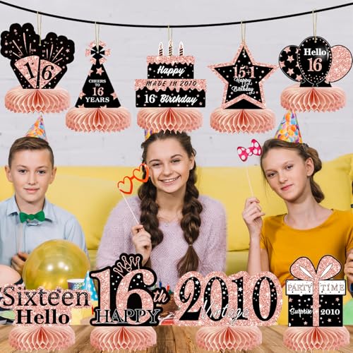 Image of 9Pcs Rose Gold Sweet 16 Birthday Decorations Honeycomb Centerpieces for Girls,Pink Happy 16th Birthday Centerpieces Tables Toppers Party Decorations Supplies 16th Table Sign Decor