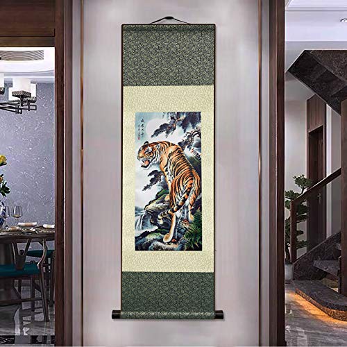 Atfart Asian Wall Decor Beautiful Silk Scroll Painting Deterrence Tiger Oriental Decor Chinese Art Wall Scroll Wall Hanging Painting Scroll (39 X 12 In) #TOP6