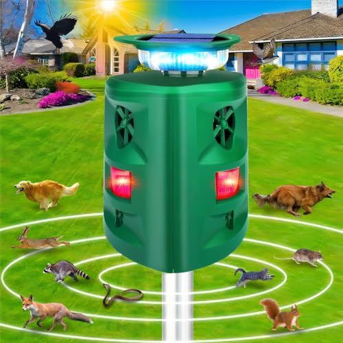 360°Solar Ultrasonic Animal Repellent, Deer Repellent Devices Cat Repellent Outdoor, Waterproof Squirrel Raccoon Rabbit Skunk Snake Coyote Dog & Bird Deterrent with Motion Sensor & Flashing Light
