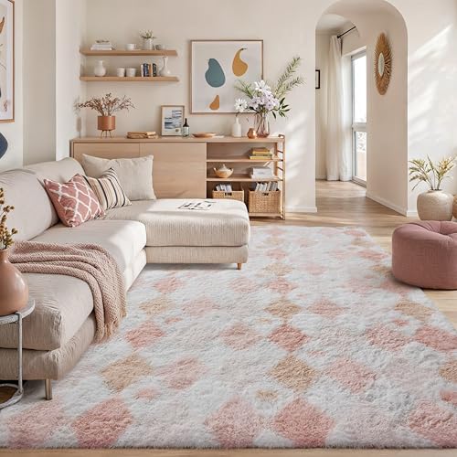 HUGEAR Flauschig Teppich Wohnzimmer 240x300 Teppiche Rosa Weiß Shaggy rutschfest Rautenmuster Carpet Kinderzimmer MäDchen Junge Schlafzimmer Hochflor Weich Akzent Rosa Weiß 240 x 300 cm (Rec