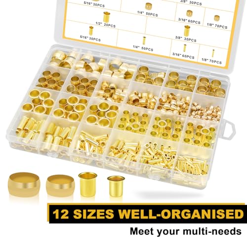 Image of Siptenk 520PCS Brass Compression Sleeves Ferrules Inserts Fittings Kit | 6 Sizes 1 /2 inch 3 /8 inch 5 /16 inch 1 /4 inch 3 /16 inch 1 /8 inch Air Brake Fittings for Air Water Fuel Oil with a Pair of Tweezer