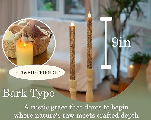 Image of Rechargeable Flameless Taper Candle with Remote Timer, 3D Moving Flame Real Wax Candles (Includes Remote Control, Charging Base, and USB Cable) (Rech-2Taper-Bark, 9in)