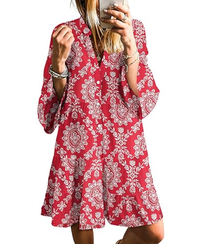 SELINK Womens Long Sleeve Dresses Casual V Neck Tribal Print Button Flowy Boho Mini Beach Dress Red-S