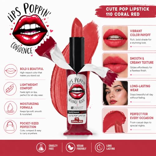 Image of Krayons Cute Pop Matte Lipstick for Women - Shade 110 Coral Red, India's 1st Twist-Wrap Lip Stick, Long Stay Waterproof Lipstic, Rich Pigmented Daily Wear Matt Lipsticks, 3.5g